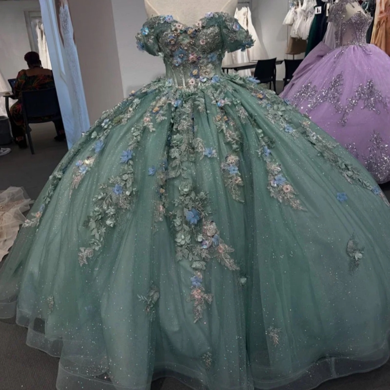 Green Shiny Off Shoulder Quinceanera Dresses Appliques Flower Beading Crystal Robe Quinceanera Rouge Sweet 16 Dress Vestidos 15 de anos