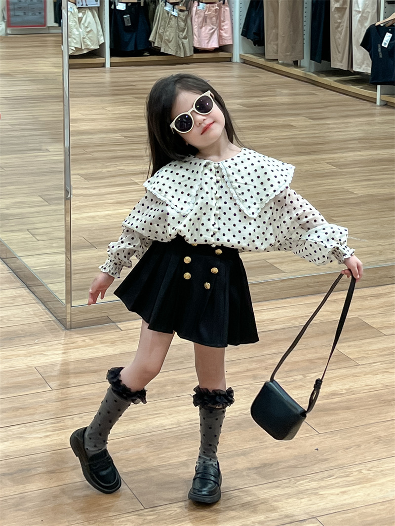 New designer fashion children's clothing set for girls, autumn lace big collar plush polka dot long sleeved shirt, double breasted skirt