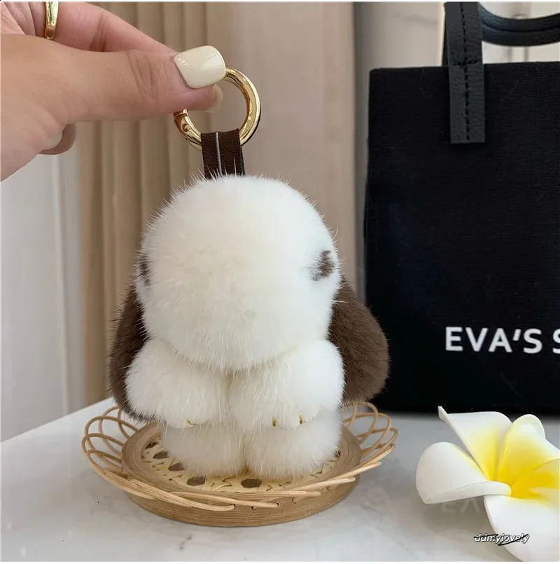 Cute Long Ear Bunny Keychain Real Mink Fur Rabbit Doll Pendant Toys Keyring Handbag Charm Ornament Pompom Plush Jewelry Gifts Y240829 Ddmylovely