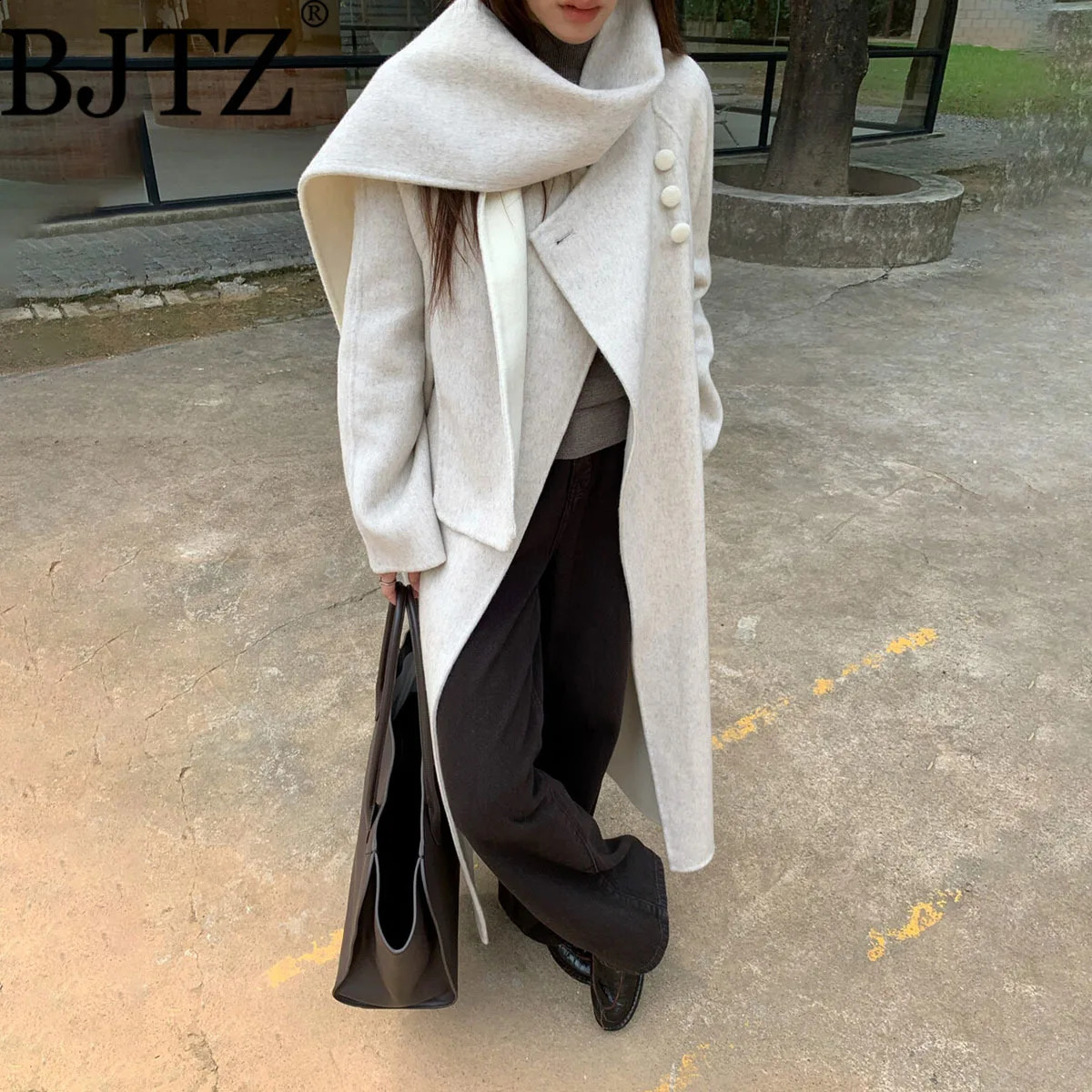 BJTZ Womens TwoTone Scarf Collar MidLength 100 Wool Coat Warm Elegant Autumn Winter Outerwear 251020