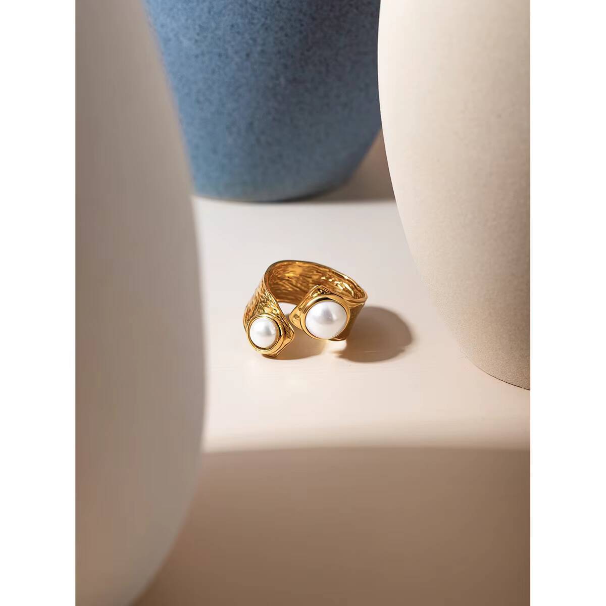 Summer Wholesale Hot Selling 18k Gold Stainless Steel Irregular Opening Pearl Ring Jewelry