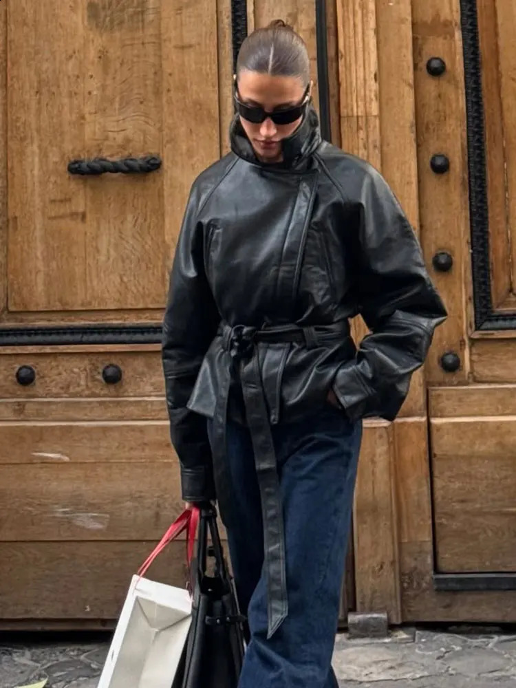 HH Women Fashion Black Short Faux Leather Trench Coat Long Sleeve Lapel Jacket With Belt Vintage Lady Motorcycle Outwear 251022