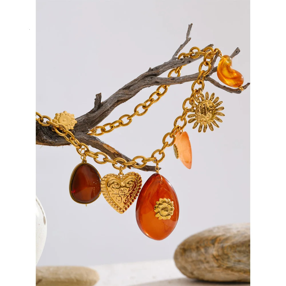Yhpup Red Resin Oval Heart Sun Drop Necklace Golden 316L Stainless Steel Summer Charm Collar Jewelry Waterproof 2025 251016