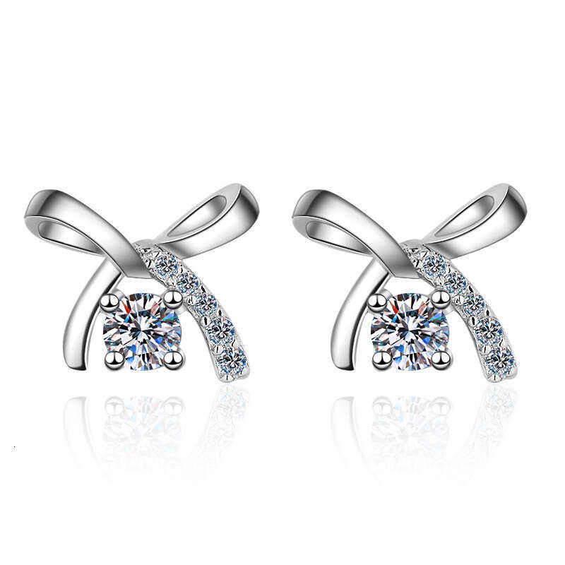 DHCollections-- Moissanite Bowknot Sterling Sier Plated PT950 Gold Four-Prong Earrings Versatile Style for College Girls
