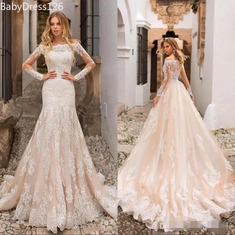 Elegant Champagne Dresses Long Sleeves Lace Applique Sweep Train Scalloped Off The Shoulder Wedding Gown Vestido De Novia