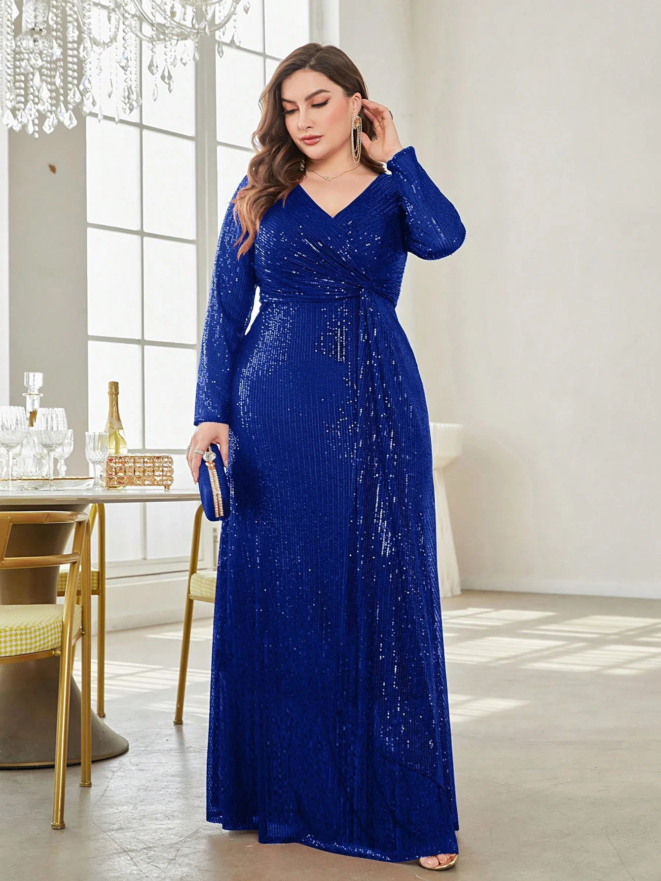 Plus Size VNeck Long Sleeves Sequins Evening Dresses Women Elegant Party Maxi Cocktail Graduation Gowns 251023