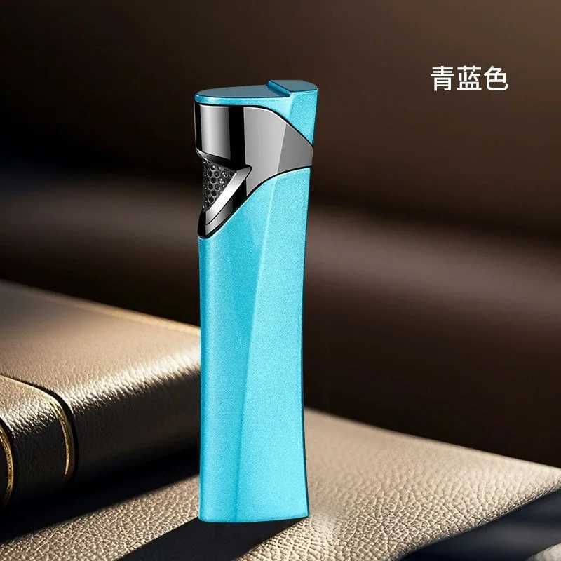 New Streamlined Long Windproof Lighter Compact Metal Brushed Inflatable Straight Jet Cigarette Lighter Smoking Accessories D251024