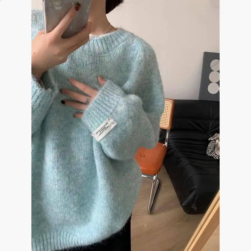 Loose Womens Mint een Lazy Sle Milk Blue Sweater Casual HighEnd Outerwear Long Sve round Ne Girls Autumn Faion 251023
