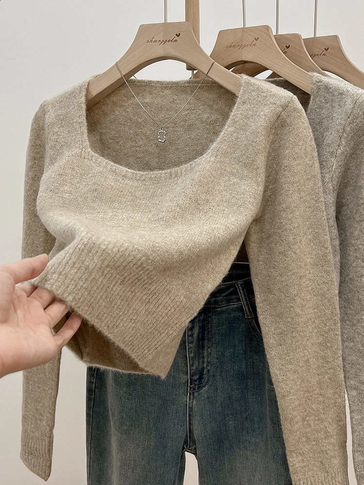 Square Collar Knitted Sweater Tops Women Autumn Winter Korean Solid Fashion Casual Long Sleeve Pullovers Ladies Clothing 251023