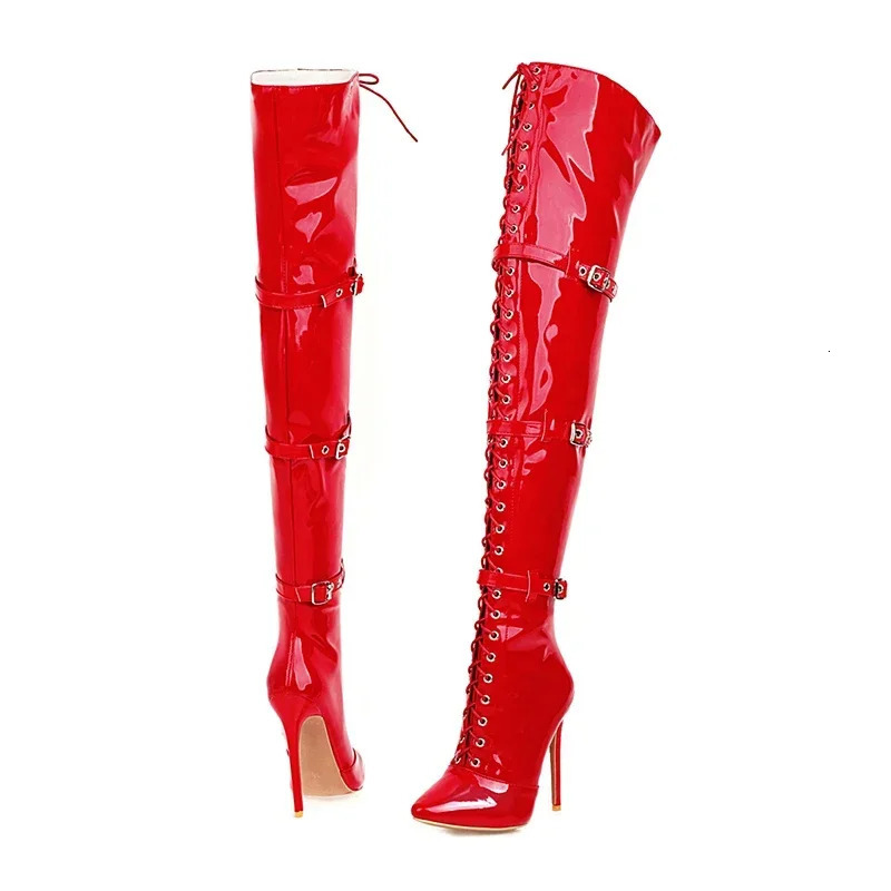 Women Sexy Cross Tied Thigh High Boots Pointed Toe Thin High Heels Over The Knee Boots Patent Leather Shoes Woman 33 251023