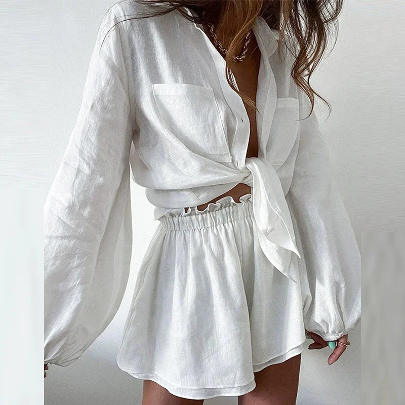 Cakulo 2025 Womens Summer 2Piece Outfit Long Sleeve ButtonDown Loose Blouse And Shorts Sweatsuit Set Casual Comfortable Style 251013