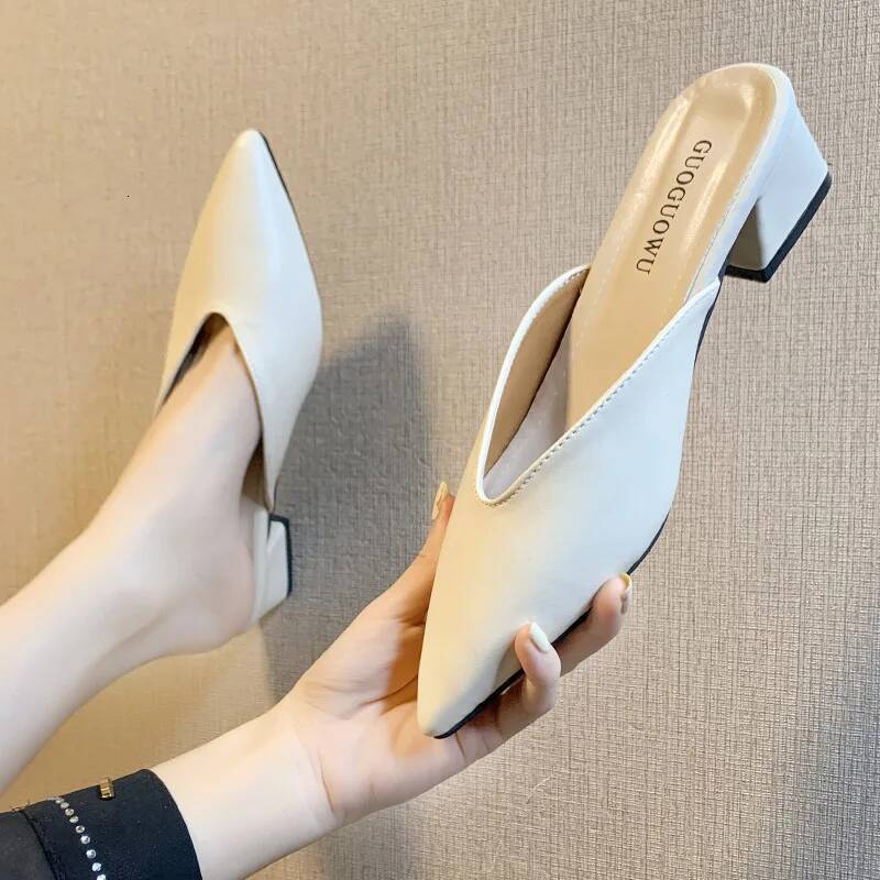 Pointed Slippers Women High Heels New Summer Fashion Square Heel Slides Slip Loafers Mules Black Female Party Shoes ddmypanda