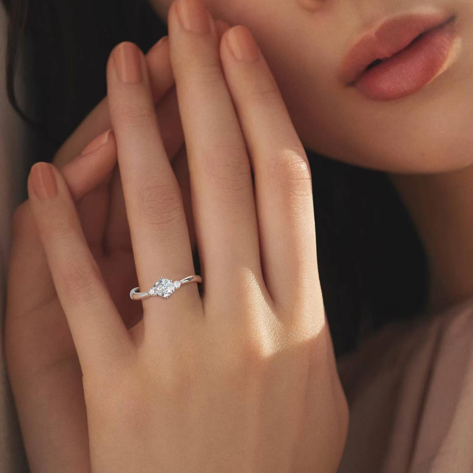 14K White Gold Plated 925 Silver VVS Round Moissanite Lab Created Diamond Solitaire Engagement 6 Prong Side Stone Ring for Women