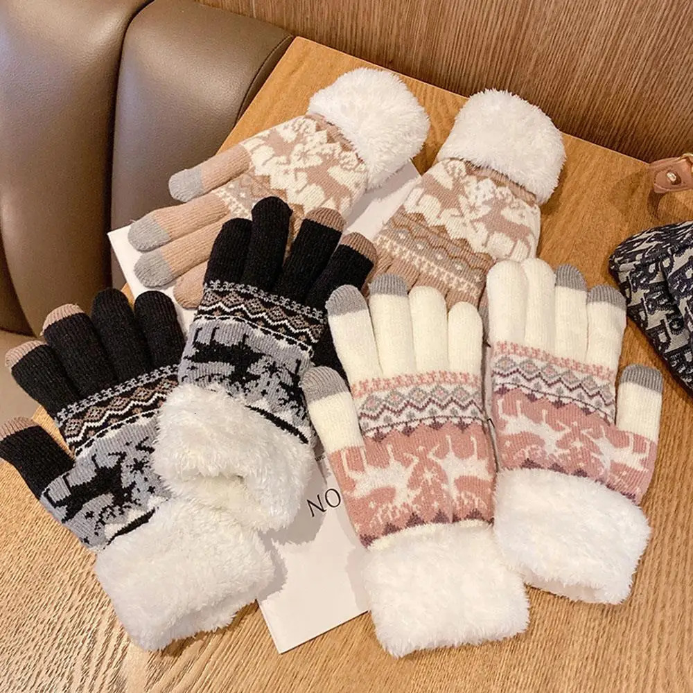 Christmas Women Warm Plush Gloves Reindeer Jacquard Touch Screen Knit Gloves Plush Cuff Warm Riding Skiing Outdoor Gloves 251023
