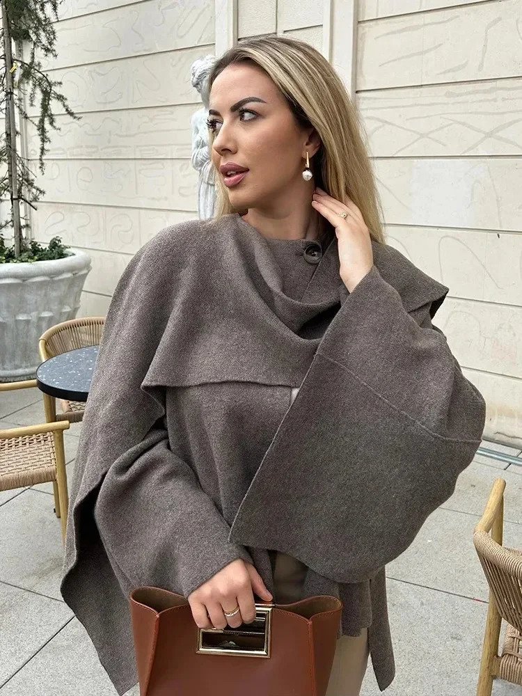 Ladies Autumn Winter Jacket Women Casual Coat Knitted Loose Oversize Asymmetric Elegant Split Chic Scarf 251018