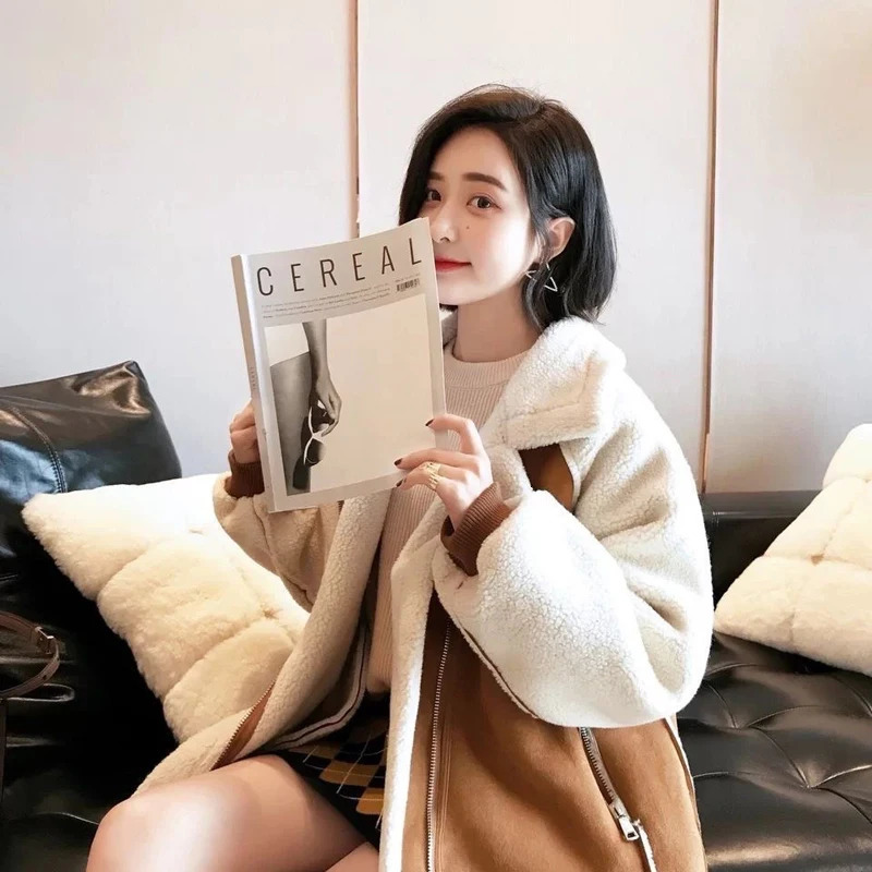 FSMG Women Thick Plush Warm Coat Lamb Wool Sheepskin Faux Suede Zipper Jacket Loose Fur One Piece Winter Fashion Khaki Outerwear 251021