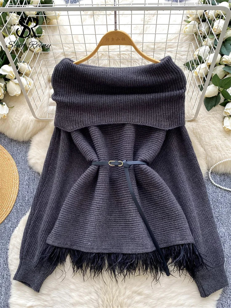 SINGREINY Autumn Versatile Elegant Tassel Sweater Women Long Sleeves Sashes Winter Knitted Top Off Shoulder Trend Thick Pullover 251023