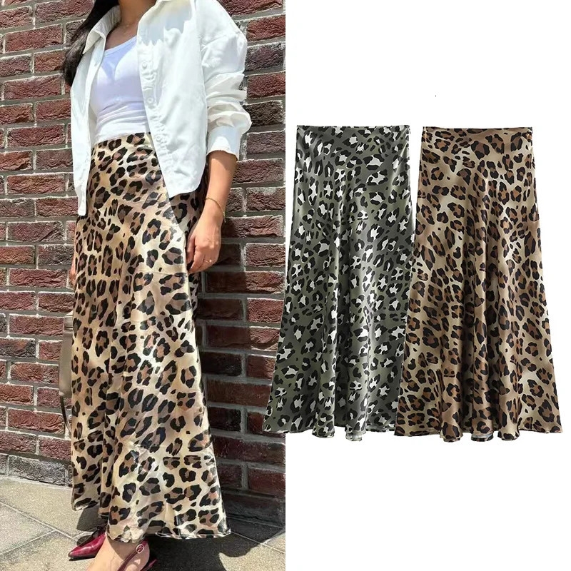 EDSA Women Green Leopard Print Satin Midi Skirt High Waist Straight Mermaid Skirts Female Casual Slim 251017