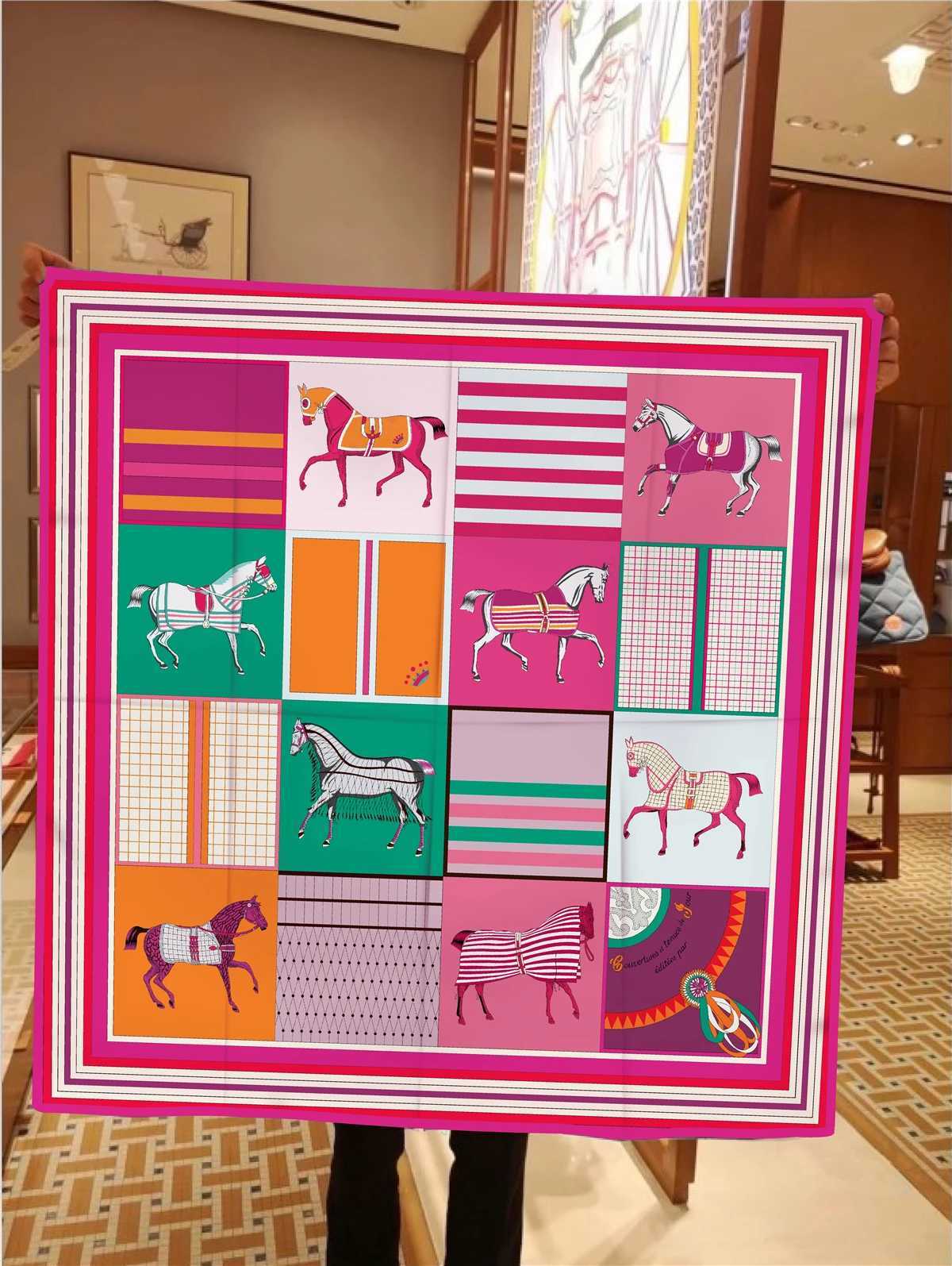 90cm Classic Checkered Horse Brand Square Scarf Women Twill Silk Scarf Shawl Hijab Luxury Bandana Foulard Neckerchief Head Scarf C251024