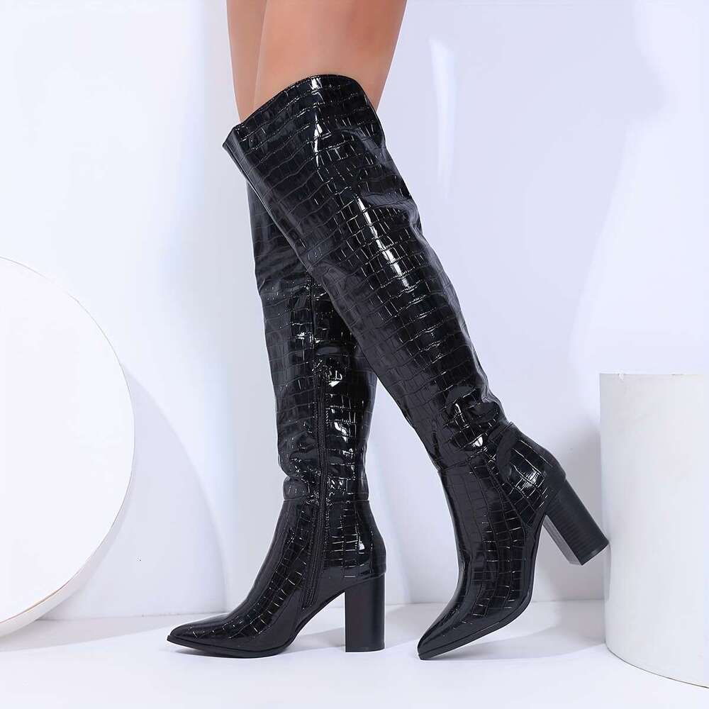 Chic & Trendy Women's Pointed Toe Crocodile Print High Heel - Chunky Heel, Synthetic Cover, Zip Closure, All-Season Dress Footwear, Black Design 