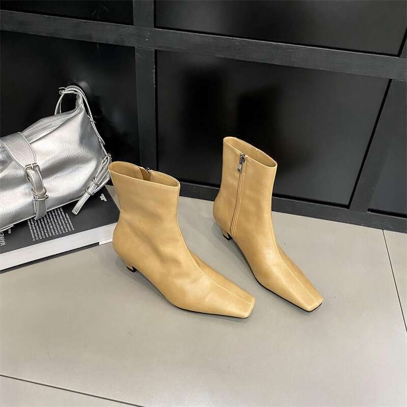 Niche French Style Slim Small Square Toe Bare 2025 Autumn Winter Chunky Cat Designer Shoe Heel Short Boots for Women