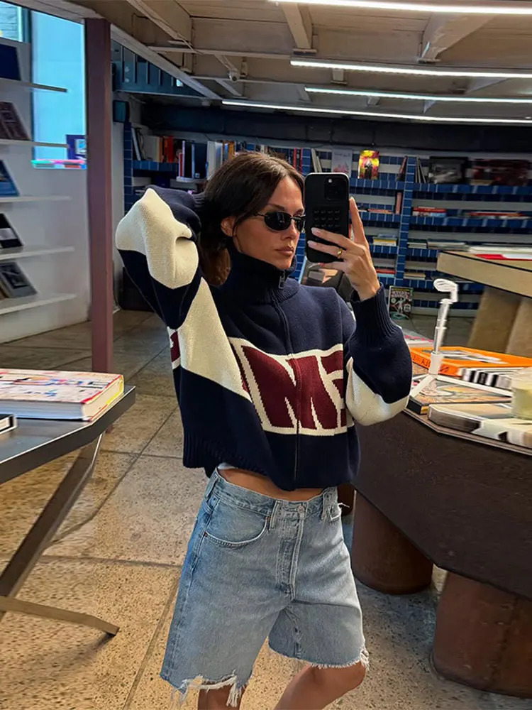 Fashion Letter Embroidery Womens Sweater Women Simple Lapel Zipper Oversized Short Jumpers Autumn Warm Knitwear Cardigan 251023