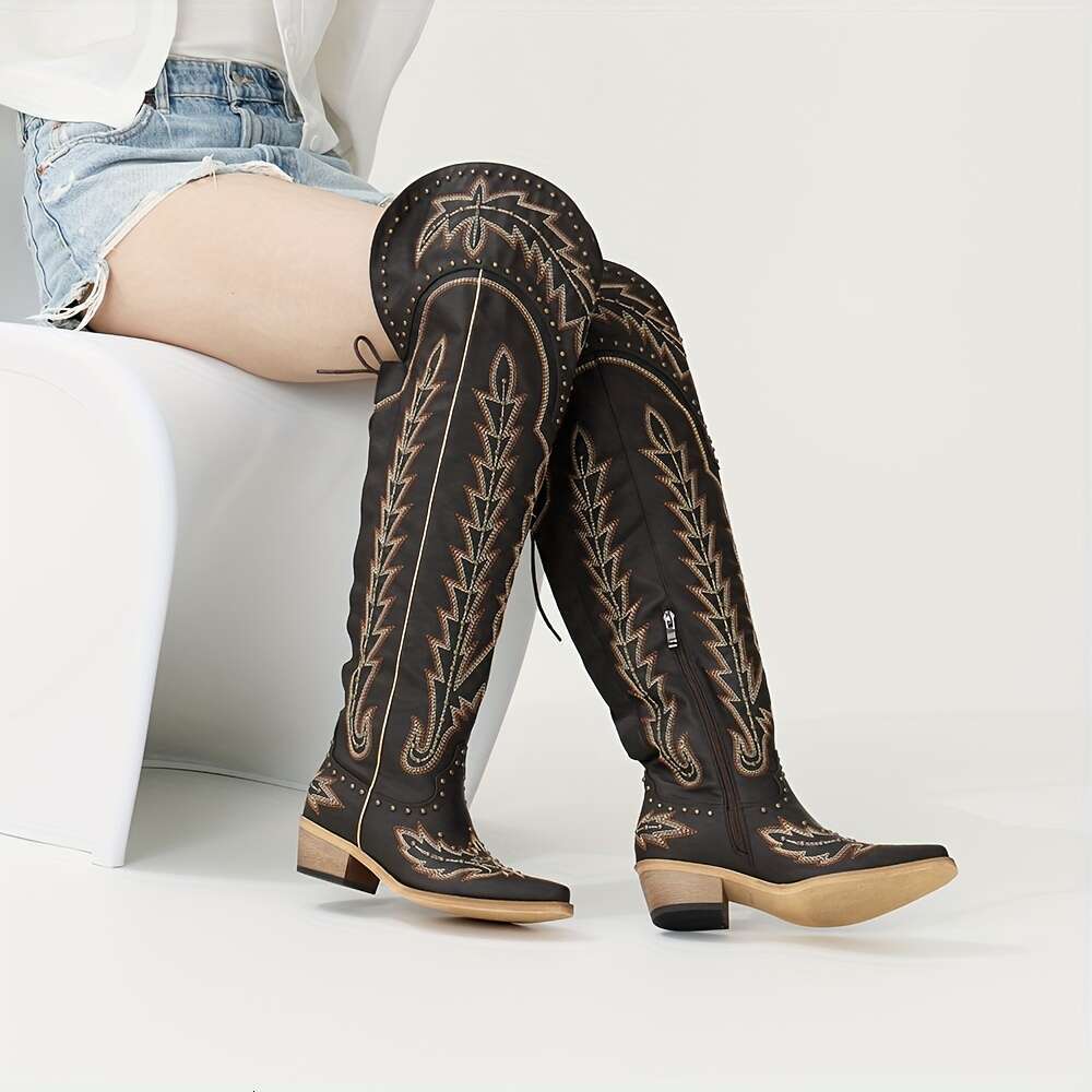 Women's Western Cowgirl Thigh-High Cowboy - Embroidered Chunky Heel With Back Lace-Up, Side Zipper & Studded Detailing, Pointed Toe Faux Cover Bo