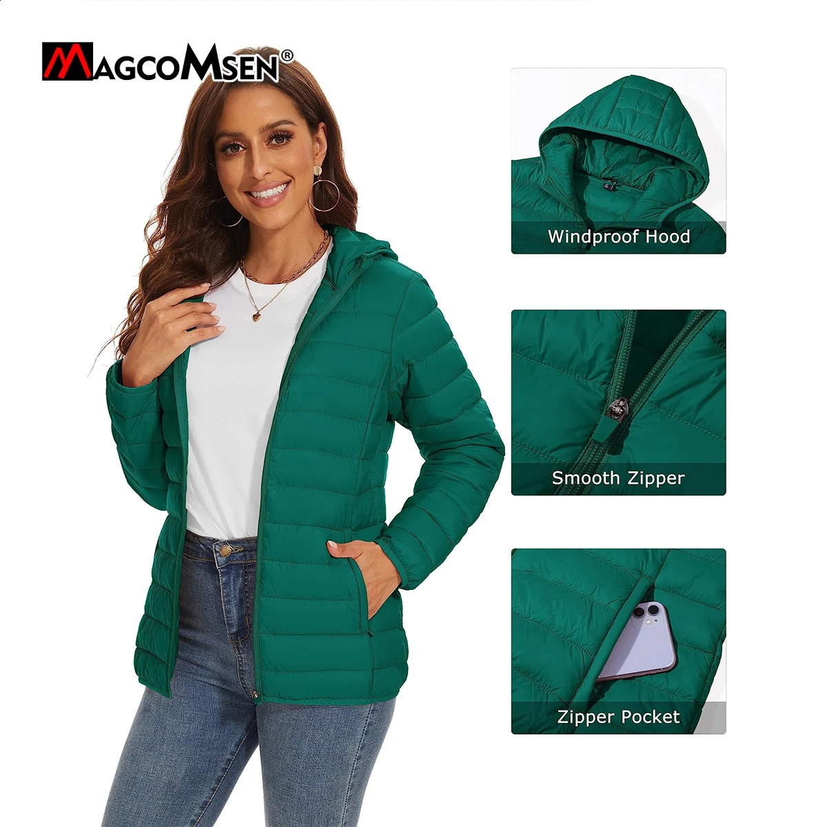 MAGCOMSEN Womens Lightweight Hooded Puffer Jacket Full Zip Windbreaker Waterproof Quilted Down Coat Winter Warm Outerwear 251020