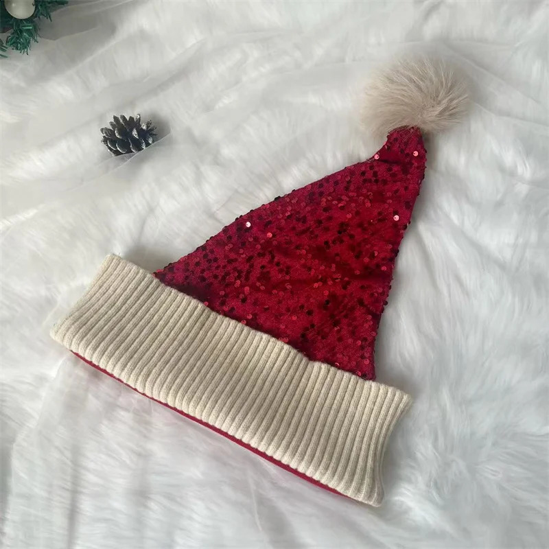 Santa Hat Christmas Hats Xmas Party Hat Red Glitter Knitted Beanie Hat For Adult Women Men Year Decor Party Supplies 251023