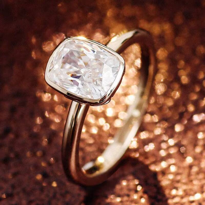 14K Gold Moissanite Engagement Ring Solitaire Women VVS Elongated Cushion Cut Bezel Setting Moissanite Ring