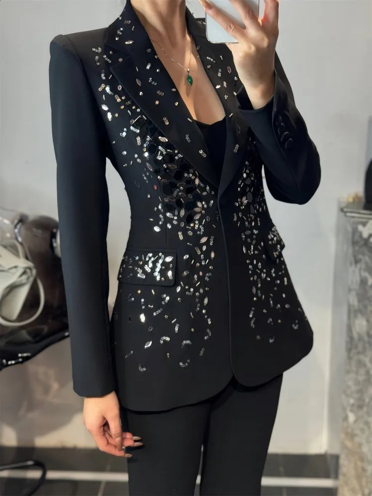Office Ladies Work Formal Suit Elegant Long Sleeve Blazer Jacket Two Piece Set Host Fashion Sequin Floor Length Bootcut Pant 251023