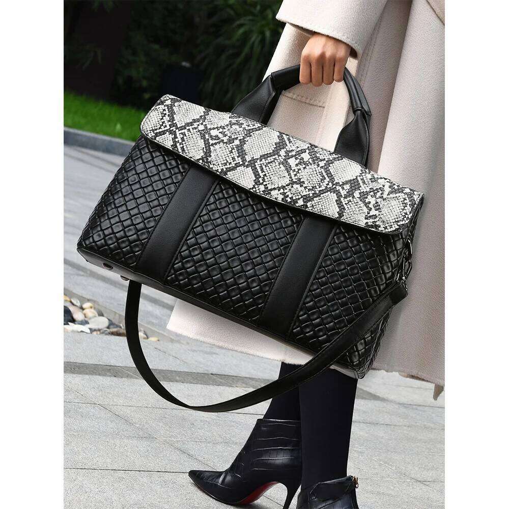 High-Grade Women Handbag Solid Black Pu Leather Flap Woven Print Tote Large Capacity Female Casual Crossbody Bags Lady Pack