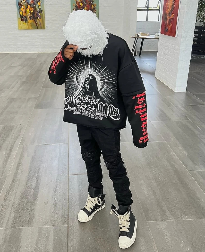 Gothic Punk Y2k Double Layer Long Sleeved T Shirt Hip Hop Harajuku Pattern Printed Loose Pullover Fashionable Trendy Sportswear 251020