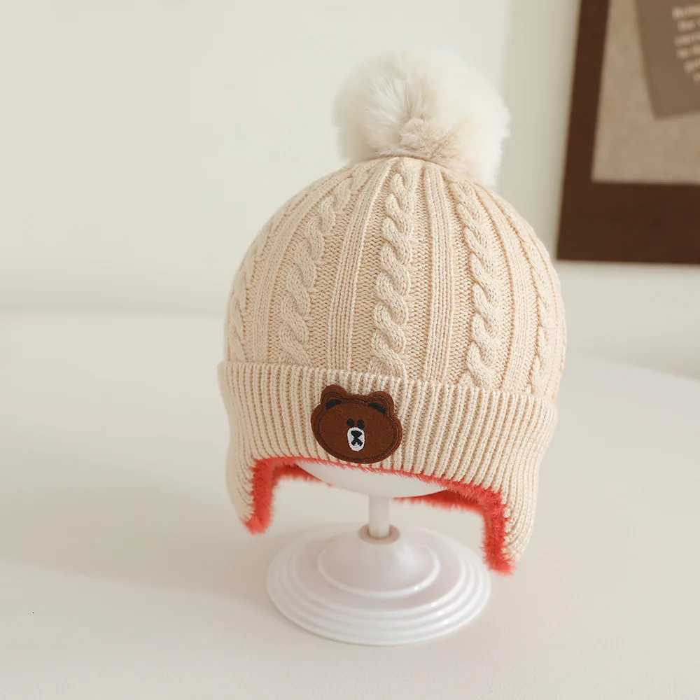 New Autumn Winter Knitted Baby Hat for Girls Boys Toddler Bear Pompom Hat with Earmuffs Outdoor Warm Ear Protection Hat for KidsL251024