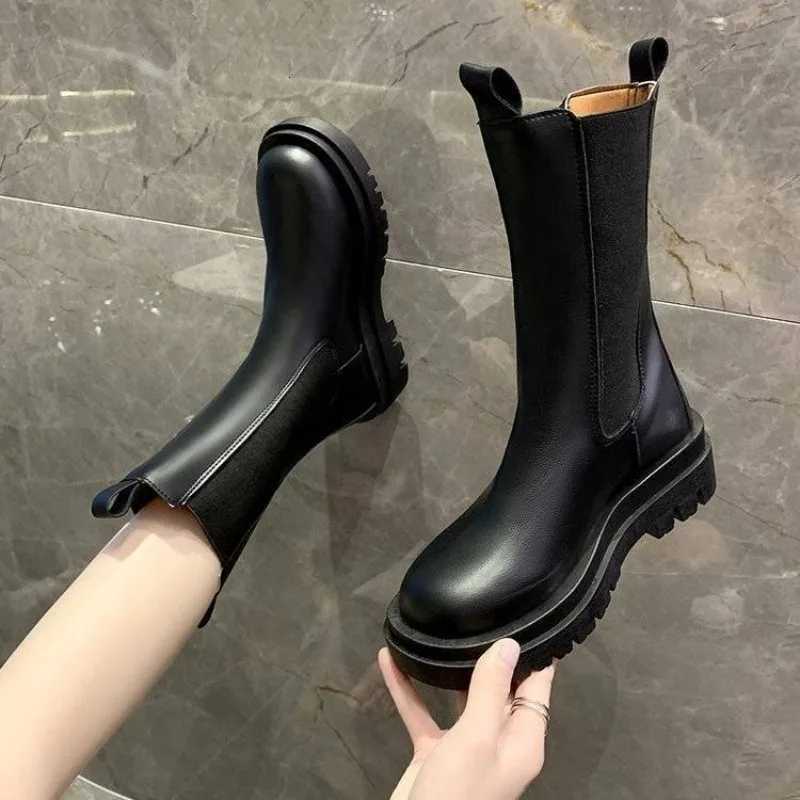 Black Ladies Boots Elegant with Low Heels Shoes for Women Chelsea Mid Calf Half High Footwear Spring Autumn Sale Quality 2025 Pu W251024