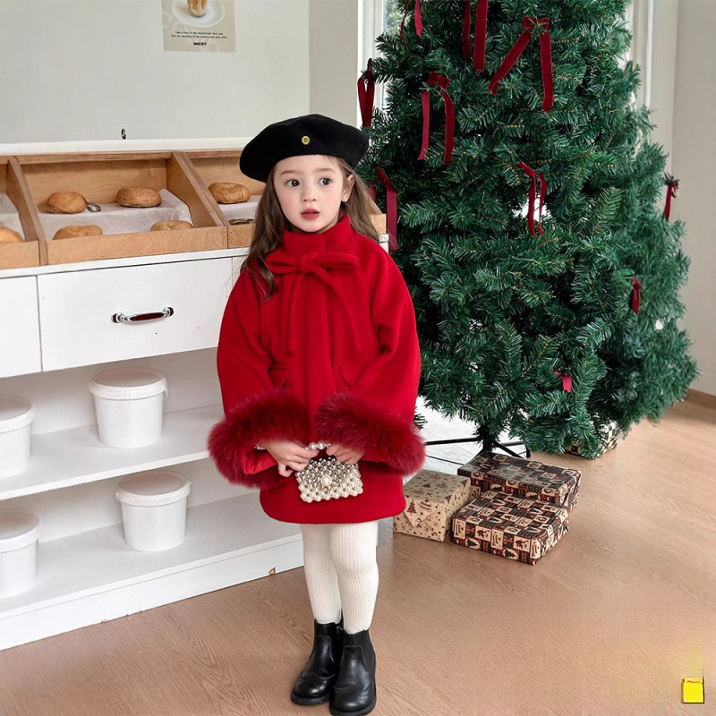 New Fashion Design Fox Leather Detachable New Year's Red Wool Coat and Skirt Fashion Set for Girls