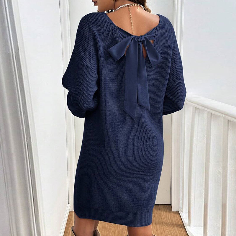 European and American autumn and winter new designer loose knit V-neck bow long sleeved multifunctional pullover women's dress