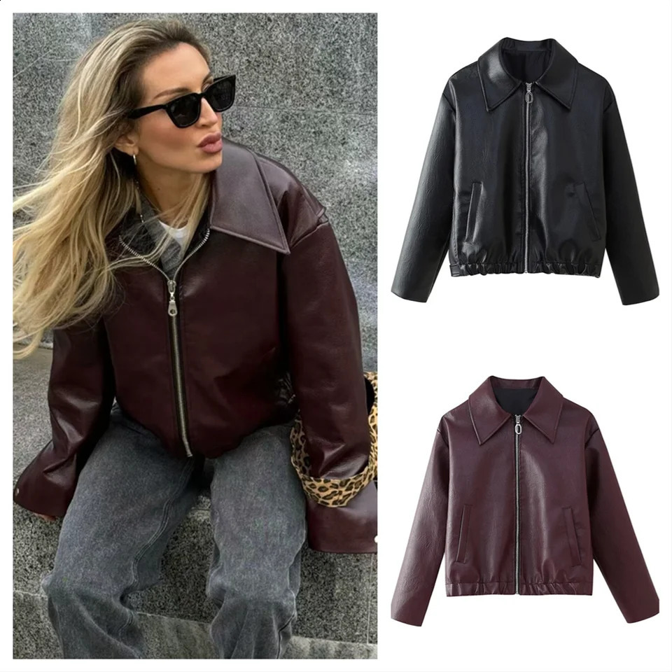 2024 autumn womens clothing style slim fit simple solid color short lapel PU leather long sleeved jacket 251018