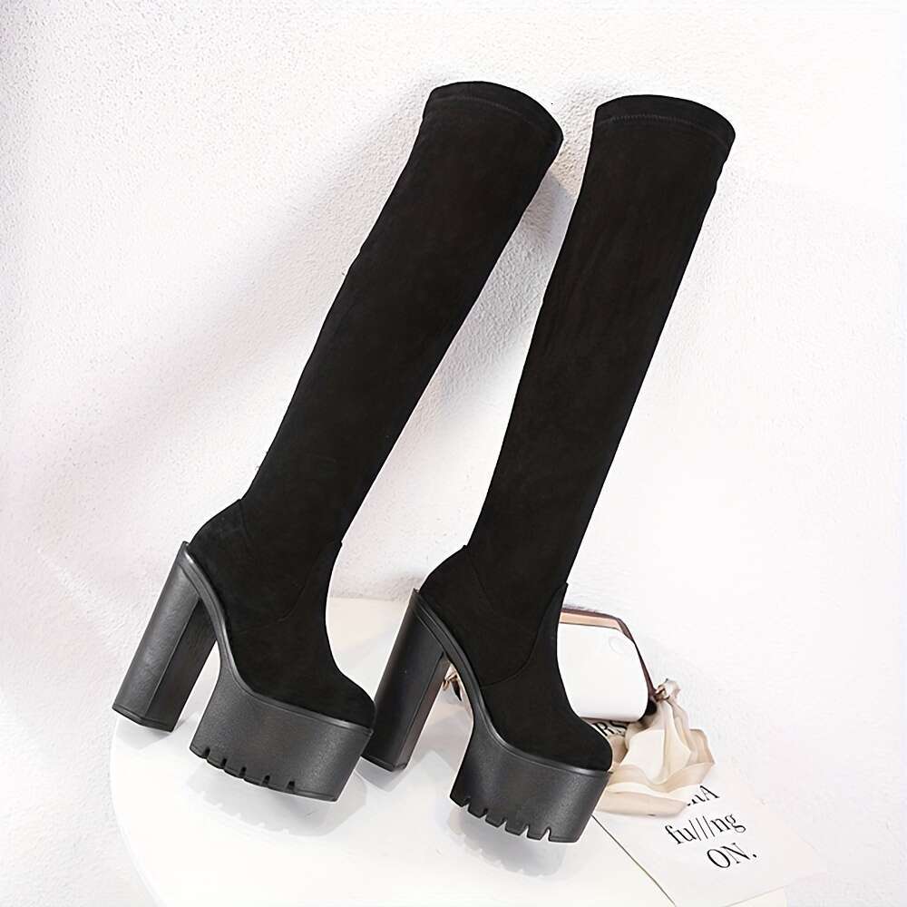 Black Block Heeled Boots, Round Toe Slip On Platform Shoes, Women's Fashion Solid Color Boots