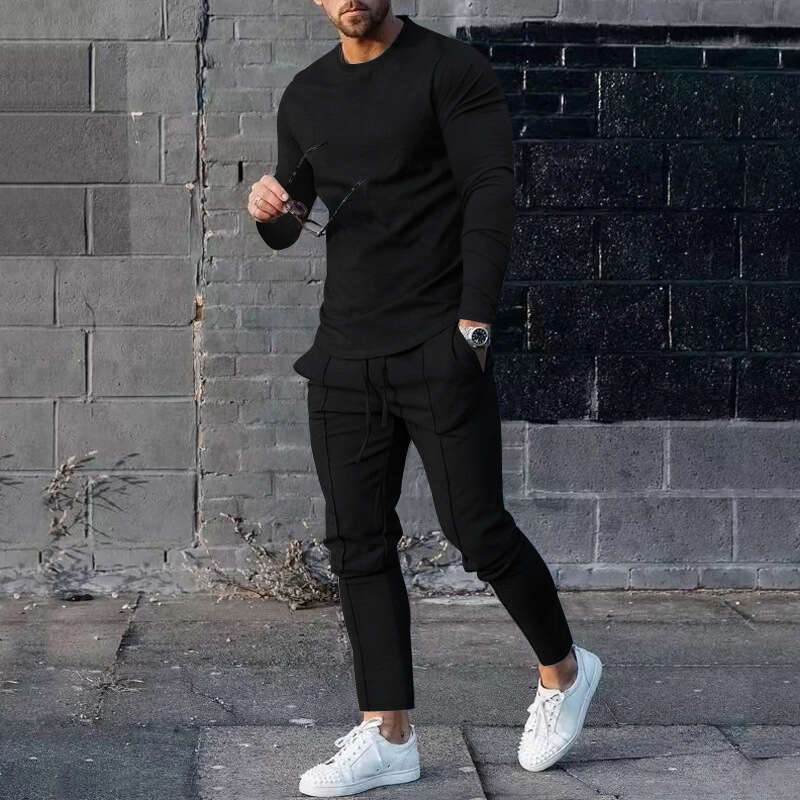 2025 Autumn Outfit Loose Round Neck Long Sleeve T-Shirt and Pants Two-Piece Casual Men's Sports Suit