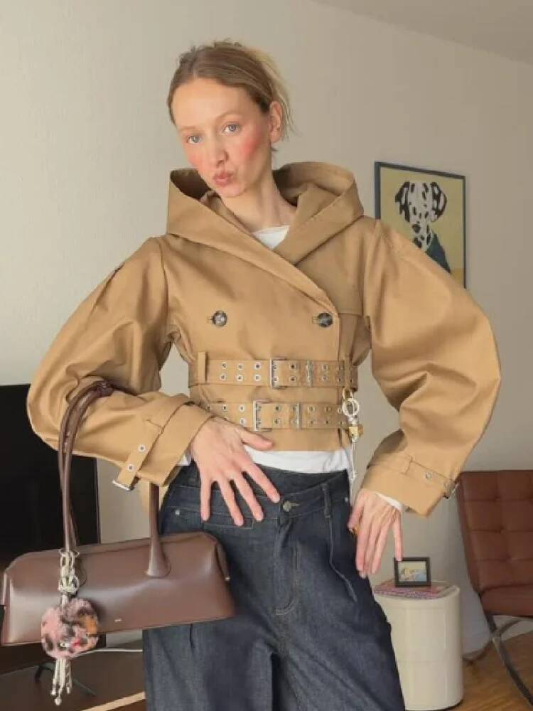 Vintage Long Sleeve Trench Coat Women Fashion Turn-down Collar Solid Double Breasted Jacket With Belt 2025 Autumn Windbreaker dongdumaoyi