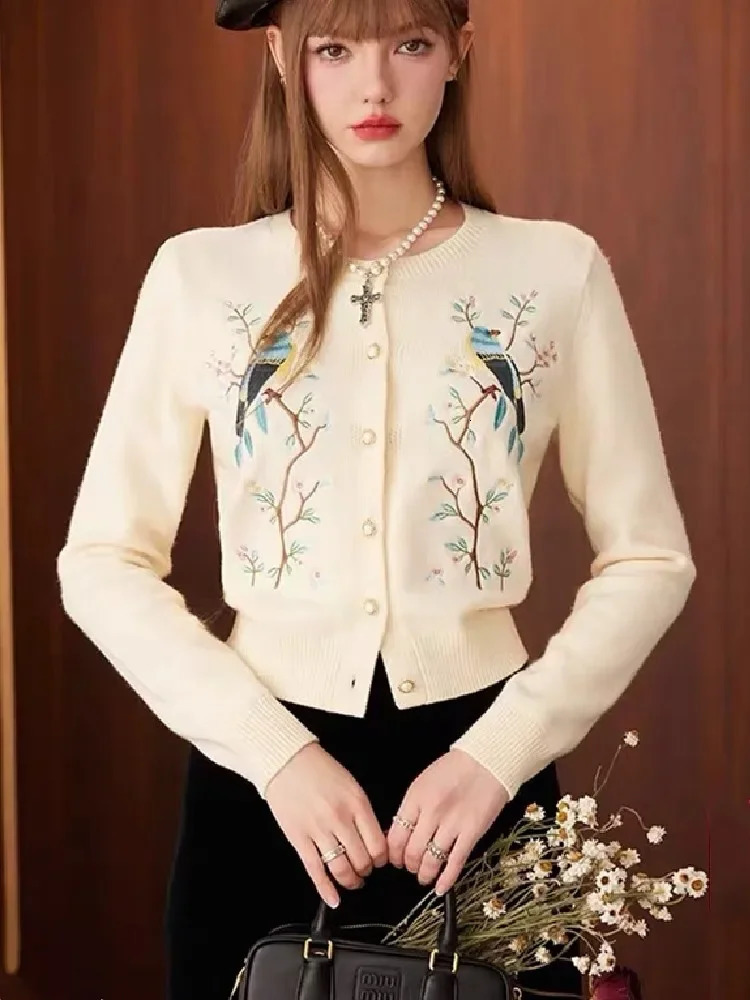 Spring Autumn Flower Bird Embroidery Knitted Cardigan Women Vintage ONeck Long Sleeve Sweater Mujer Knitwear Tops Jumper 251021