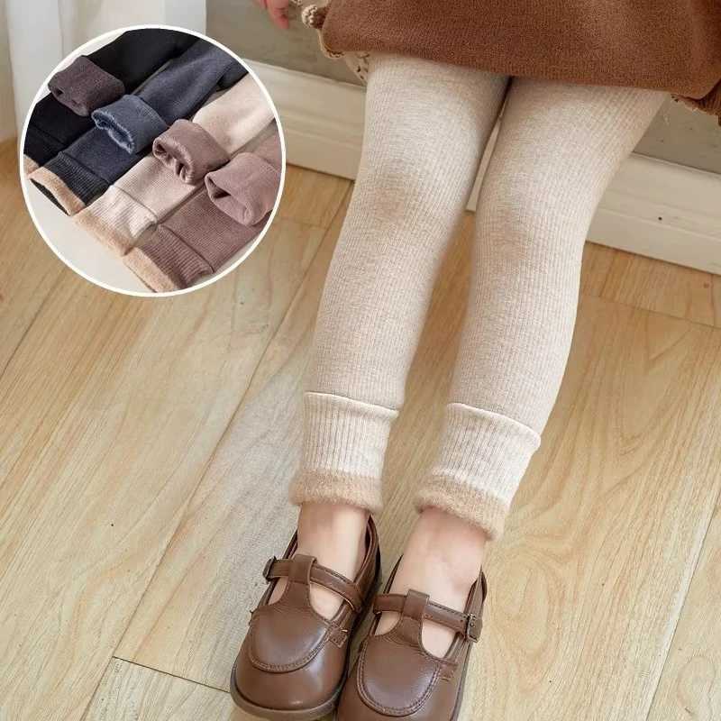 2025 New Winter Children Girls Solid Color Pit Strip Render Pants Toddler Fleece Padded Warm Trousers Kids LeggingsT251024