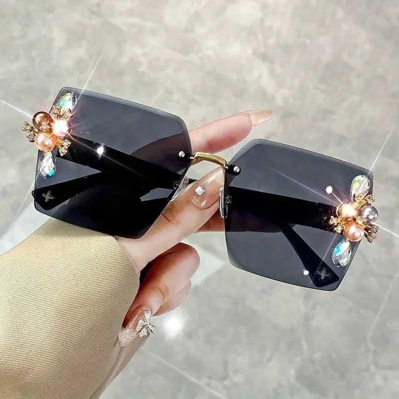 Rhinestone Decor Fashion Glasses For Women Men Casual Gradient Rimless Glasses For Summer Beach Rave PartyT251024