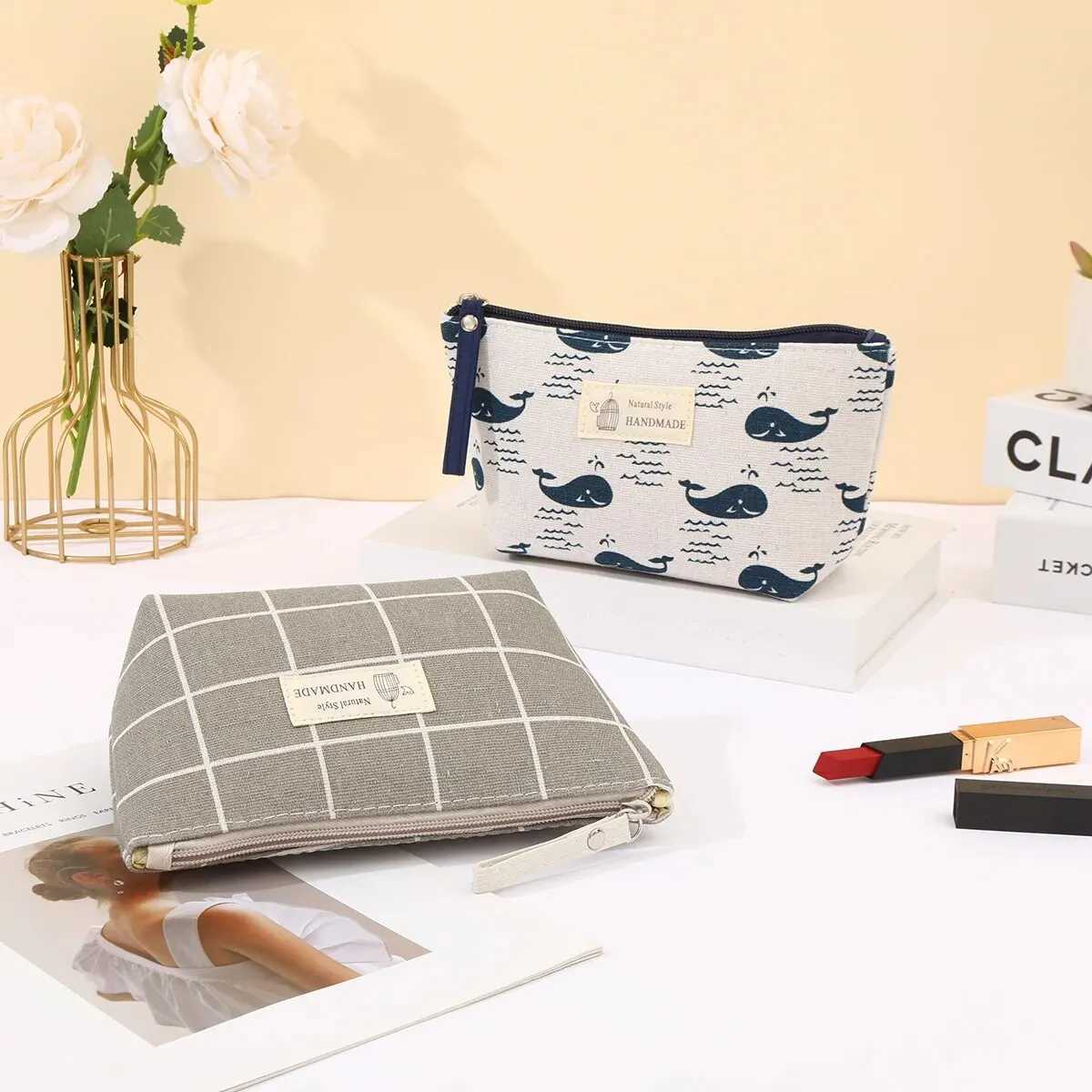 New Canvas Cosmetic Bags Zipper Opening Key Card Holder Cartoon Student Pencil Case Coin Purse Ladies Hand Portable Storage BagT251024