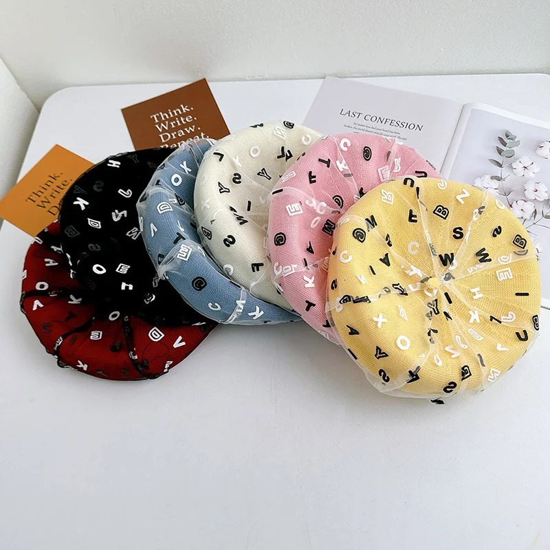 Korean Fashion Letter Print Mesh Beret Womens Summer Thin Breathable Painter Hat Big Head Circumference Octagonal Hat 251023