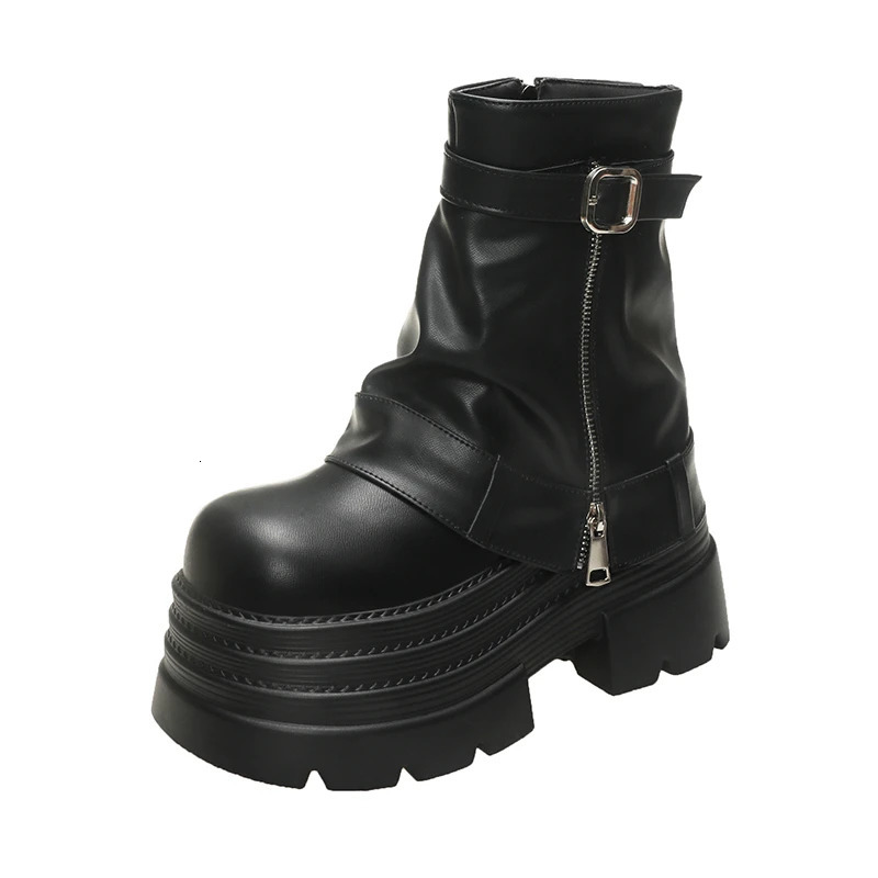 Womens Autumn Winter Leather Ankle Boots 10CM Heels Chunky Platform Combat Boots Non Slip Motorcycle Shoes Woman Punk Boots 251023