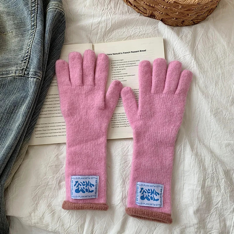 Korean midlength label curly warm gloves for women dopamine colorblocking knitted touch screen student fivefinger gloves 251023