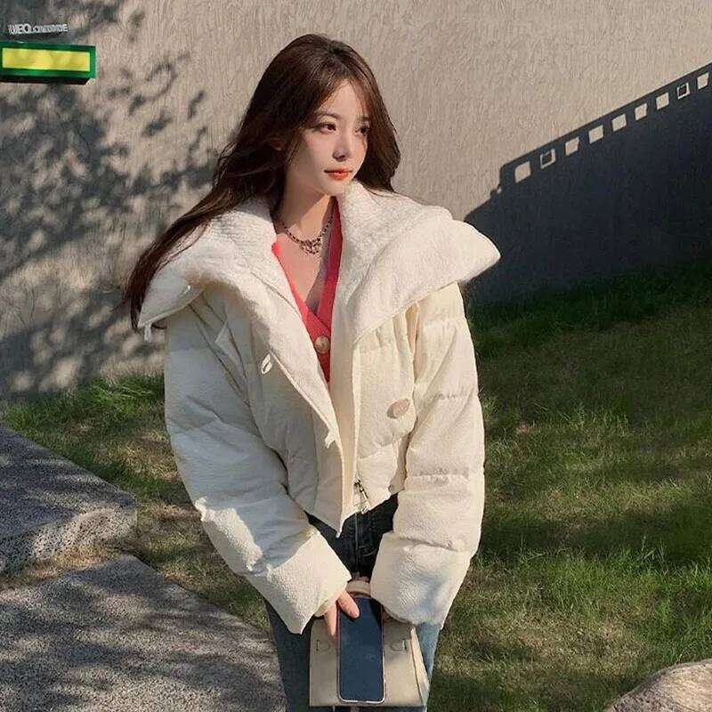 Women's Winter Thicken Warm Parkas Korean Fashion Knitted Big Collar Short Down Cotton Coats Streetwear Versatile Zipper Outwear
