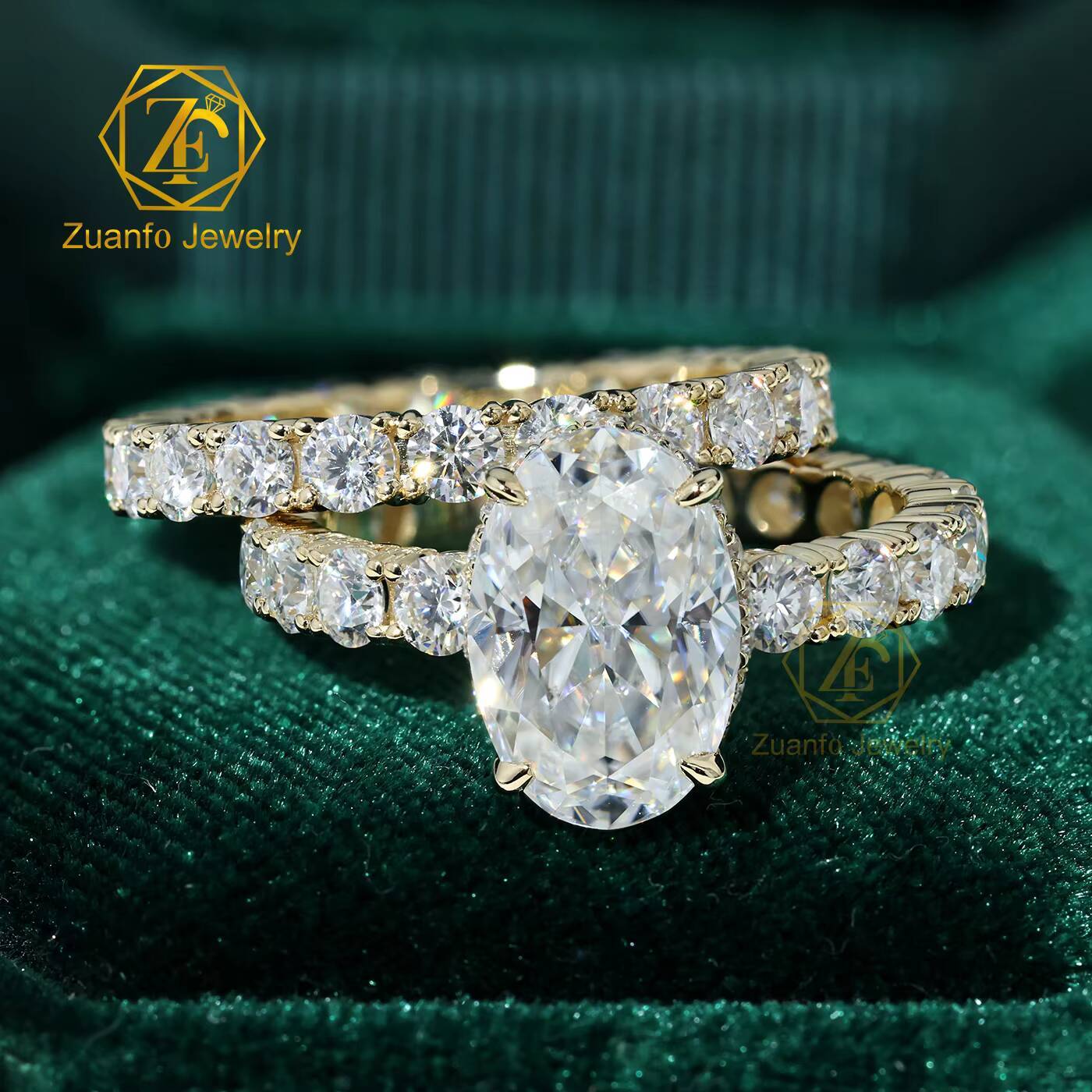 Custom 925 Silver 10K 14K 18K Solid Gold Oval Moissanite Wedding Ring Set Claw Setting Full Eternity Band Couple Ring